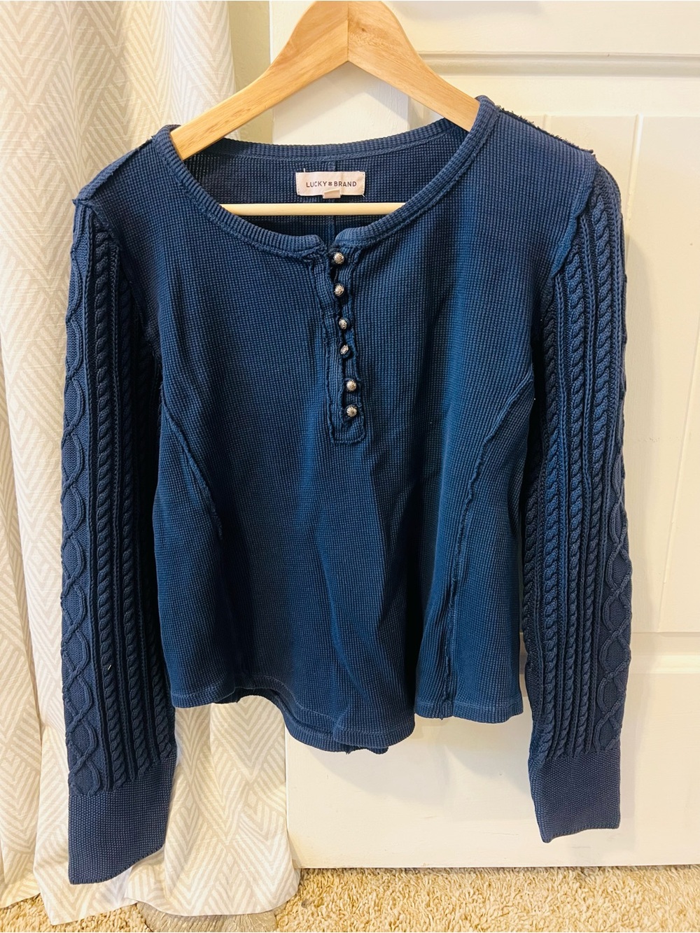 Lucky Brand Women's Navy Blue Cable Sweater Sleeve Henley Top Large